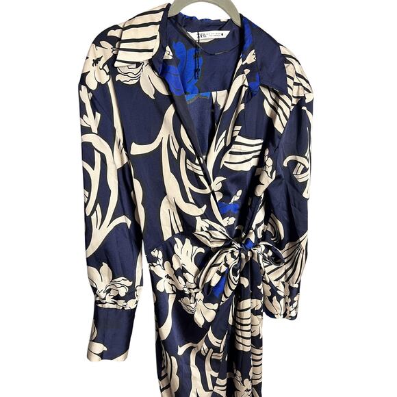 Zara Blue Abstract Satin Long Sleeve Maxi Wrap Dress Size Small - Picture 4 of 8